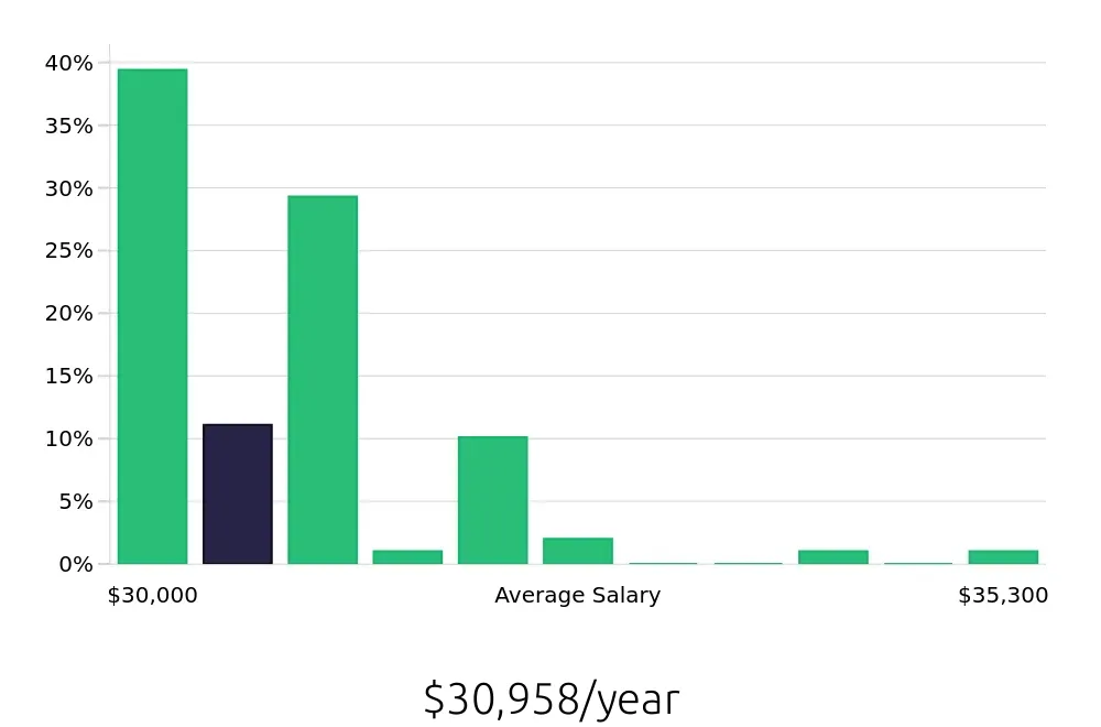 Graph depicting the yearly salary distribution for Team Member jobs in Oneonta, NY, showing an average salary of $30,958 with varying distribution percentages across salary ranges.