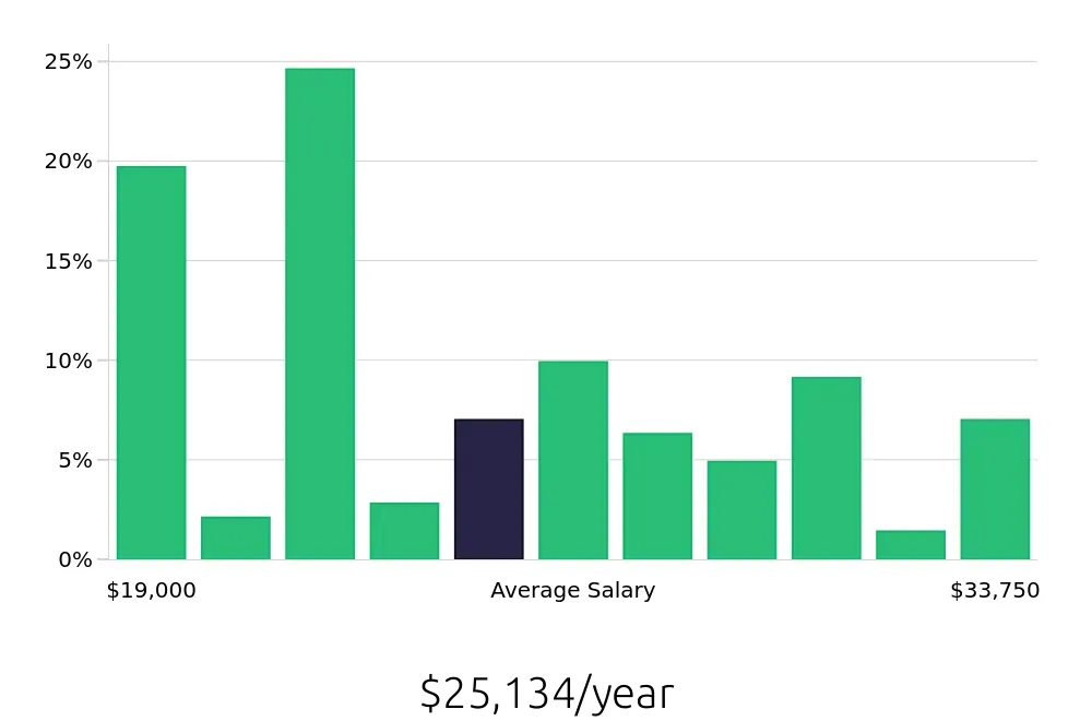 Graph depicting the yearly salary distribution for Team Member jobs in Ooltewah, TN, showing an average salary of $25,134 with varying distribution percentages across salary ranges.