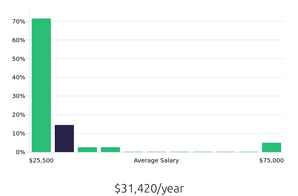 Graph depicting the yearly salary distribution for Team Member jobs in Pawtucket, RI, showing an average salary of $31,420 with varying distribution percentages across salary ranges.