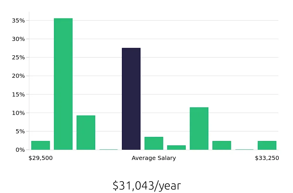 Graph depicting the yearly salary distribution for Team Member jobs in Pittsfield, MA, showing an average salary of $31,043 with varying distribution percentages across salary ranges.