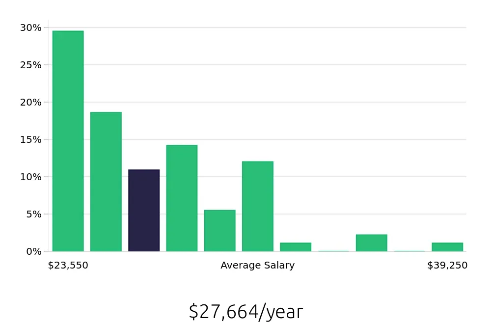 Graph depicting the yearly salary distribution for Team Member jobs in Portage, IN, showing an average salary of $27,664 with varying distribution percentages across salary ranges.