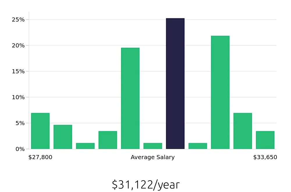 Graph depicting the yearly salary distribution for Team Member jobs in Ramsey, NJ, showing an average salary of $31,122 with varying distribution percentages across salary ranges.