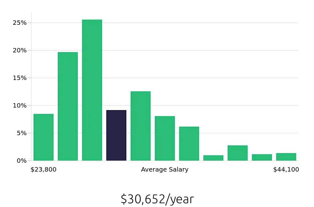 Graph depicting the yearly salary distribution for Team Member jobs in Reno, NV, showing an average salary of $30,652 with varying distribution percentages across salary ranges.