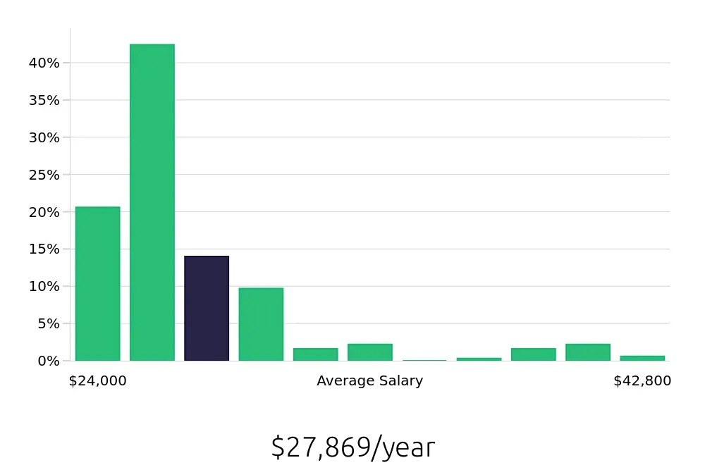 Graph depicting the yearly salary distribution for Team Member jobs in Roanoke, VA, showing an average salary of $27,869 with varying distribution percentages across salary ranges.