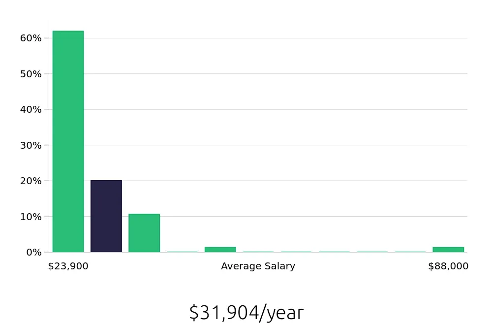 Graph depicting the yearly salary distribution for Team Member jobs in Rockford, IL, showing an average salary of $31,904 with varying distribution percentages across salary ranges.