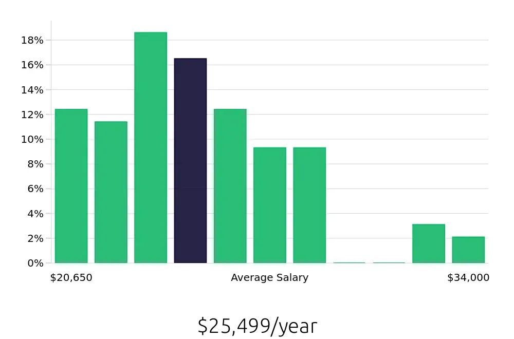 Graph depicting the yearly salary distribution for Team Member jobs in Rocky Mount, NC, showing an average salary of $25,499 with varying distribution percentages across salary ranges.