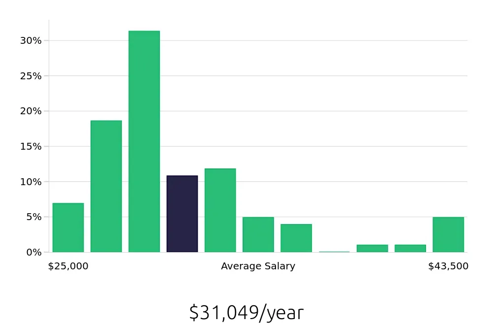 Graph depicting the yearly salary distribution for Team Member jobs in Roseville, MN, showing an average salary of $31,049 with varying distribution percentages across salary ranges.