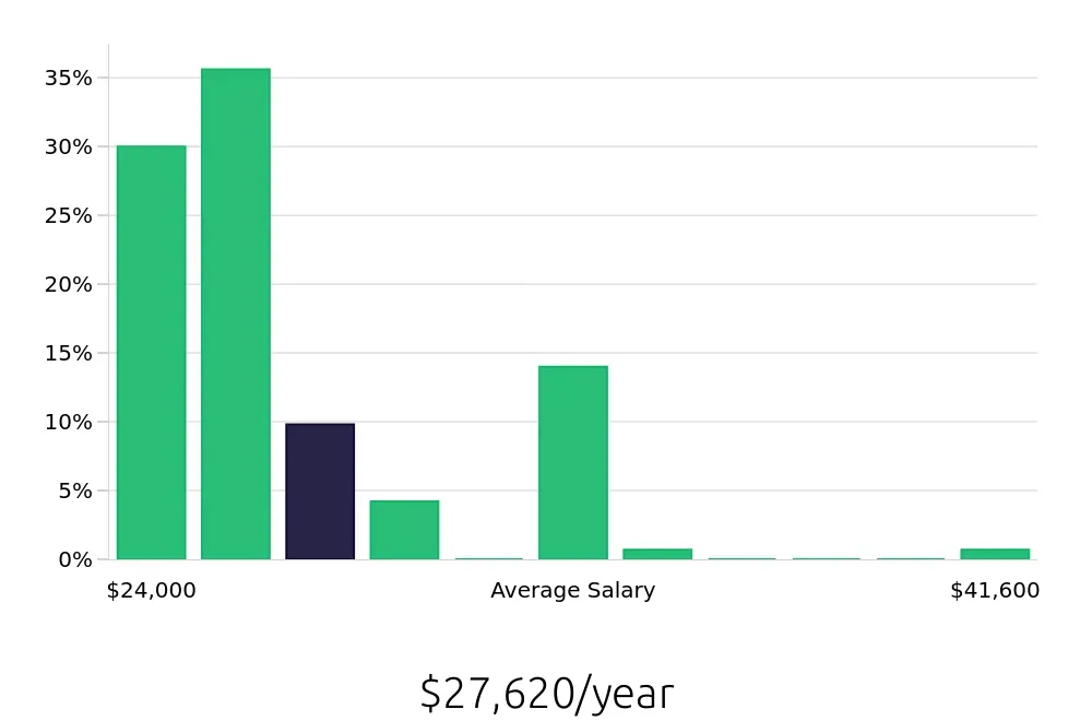 Graph depicting the yearly salary distribution for Team Member jobs in Roswell, NM, showing an average salary of $27,620 with varying distribution percentages across salary ranges.