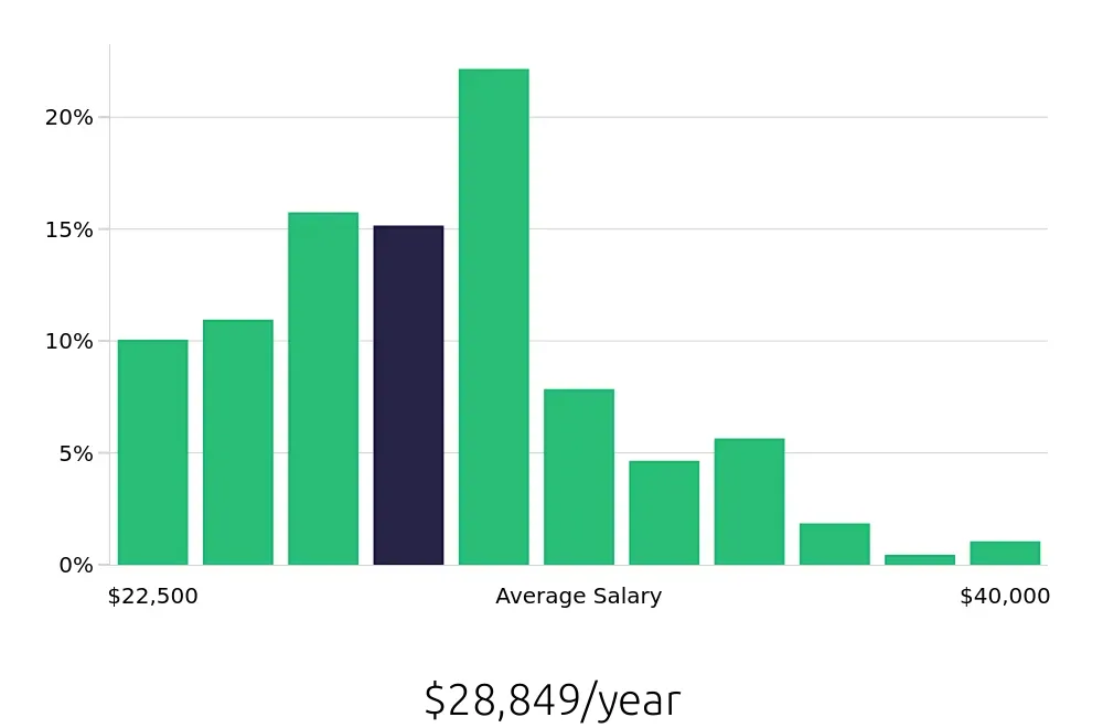 Graph depicting the yearly salary distribution for Team Member jobs in Saint Petersburg, FL, showing an average salary of $28,849 with varying distribution percentages across salary ranges.