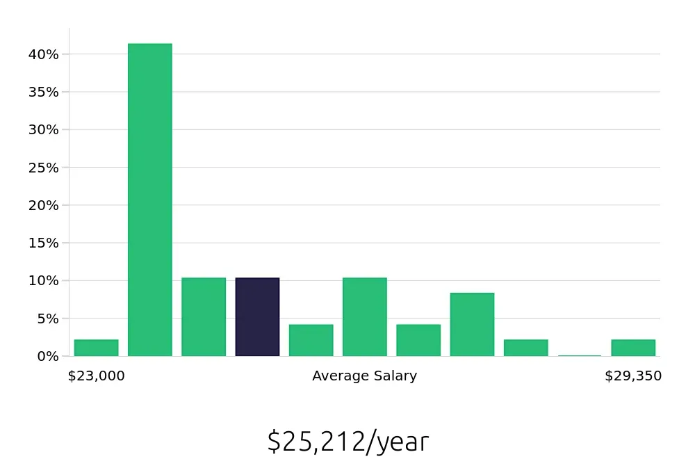 Graph depicting the yearly salary distribution for Team Member jobs in Salem, VA, showing an average salary of $25,212 with varying distribution percentages across salary ranges.