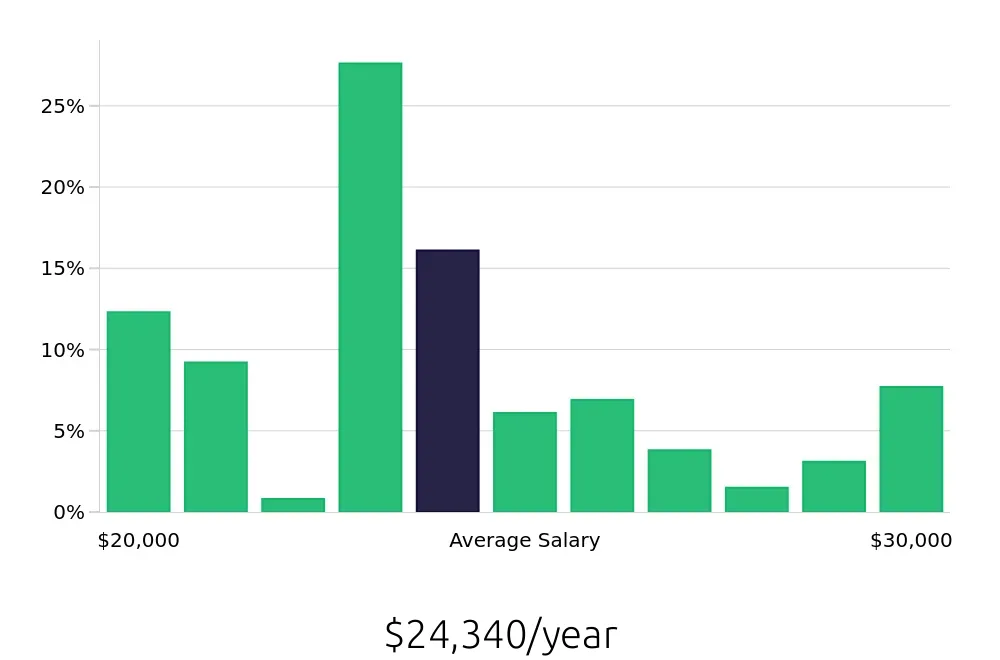 Graph depicting the yearly salary distribution for Team Member jobs in San Angelo, TX, showing an average salary of $24,340 with varying distribution percentages across salary ranges.