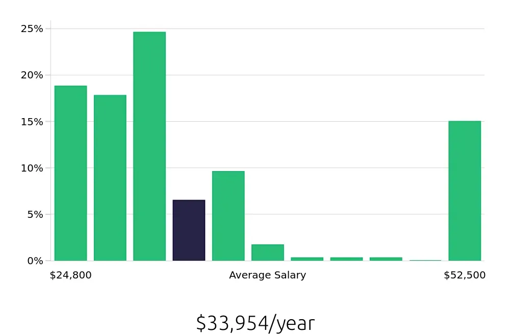 Graph depicting the yearly salary distribution for Team Member jobs in Schaumburg, IL, showing an average salary of $33,954 with varying distribution percentages across salary ranges.