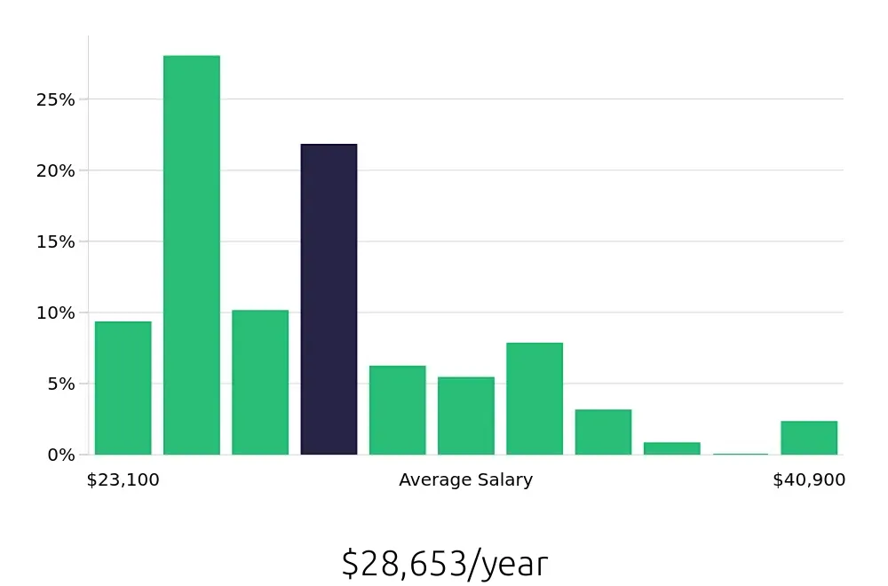 Graph depicting the yearly salary distribution for Team Member jobs in South Bend, IN, showing an average salary of $28,653 with varying distribution percentages across salary ranges.