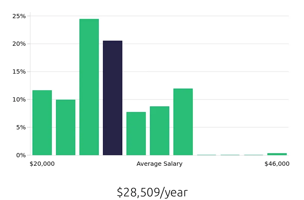 Graph depicting the yearly salary distribution for Team Member jobs in South Jordan, UT, showing an average salary of $28,509 with varying distribution percentages across salary ranges.