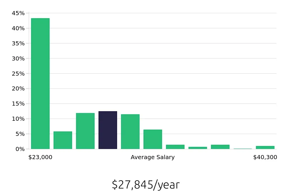 Graph depicting the yearly salary distribution for Team Member jobs in Southfield, MI, showing an average salary of $27,845 with varying distribution percentages across salary ranges.