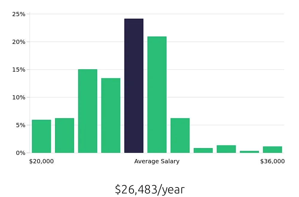 Graph depicting the yearly salary distribution for Team Member jobs in Spartanburg, SC, showing an average salary of $26,483 with varying distribution percentages across salary ranges.