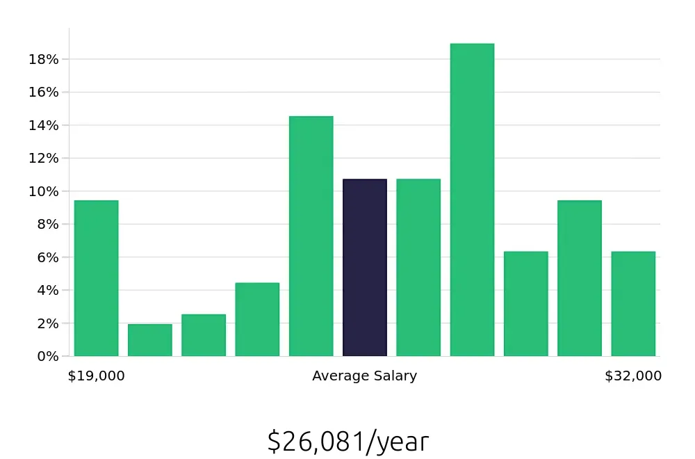 Graph depicting the yearly salary distribution for Team Member jobs in Statesboro, GA, showing an average salary of $26,081 with varying distribution percentages across salary ranges.