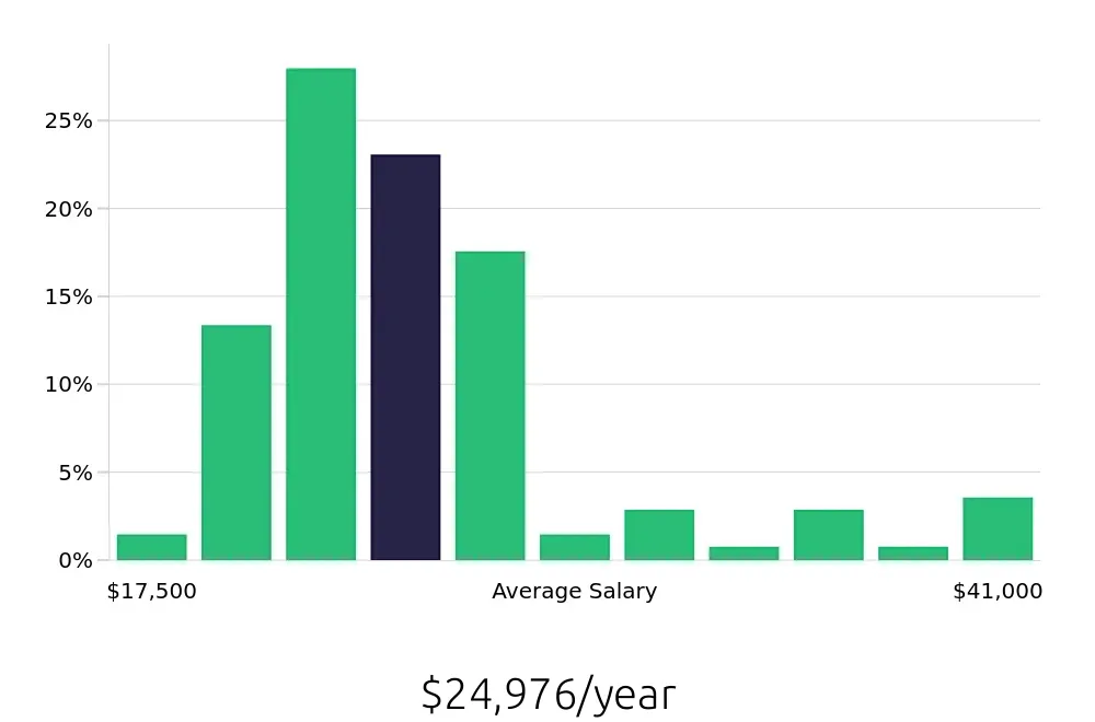 Graph depicting the yearly salary distribution for Team Member jobs in Stillwater, OK, showing an average salary of $24,976 with varying distribution percentages across salary ranges.