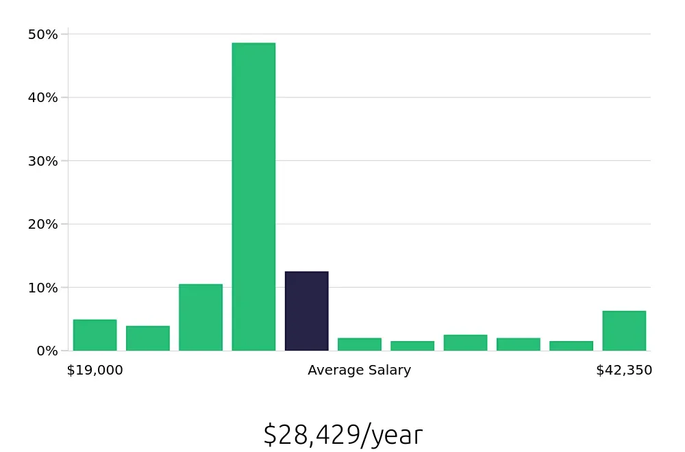 Graph depicting the yearly salary distribution for Team Member jobs in Stuart, FL, showing an average salary of $28,429 with varying distribution percentages across salary ranges.