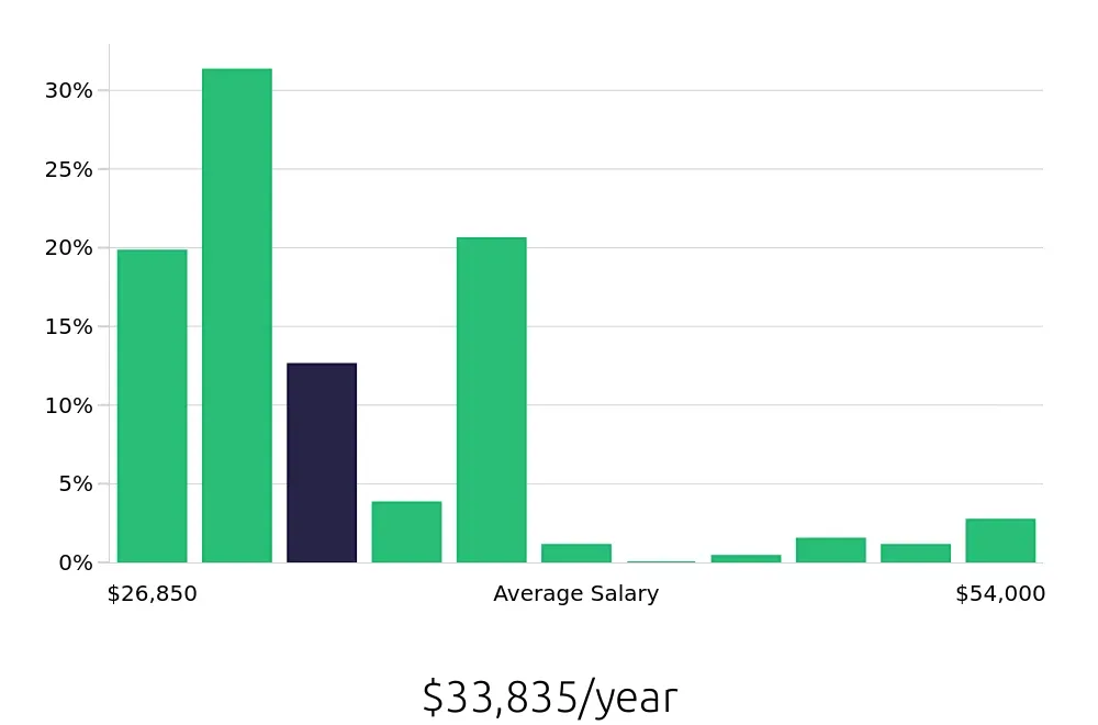 Graph depicting the yearly salary distribution for Team Member jobs in Thornton, CO, showing an average salary of $33,835 with varying distribution percentages across salary ranges.