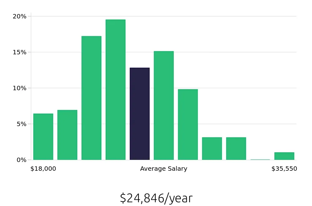 Graph depicting the yearly salary distribution for Team Member jobs in Tyler, TX, showing an average salary of $24,846 with varying distribution percentages across salary ranges.