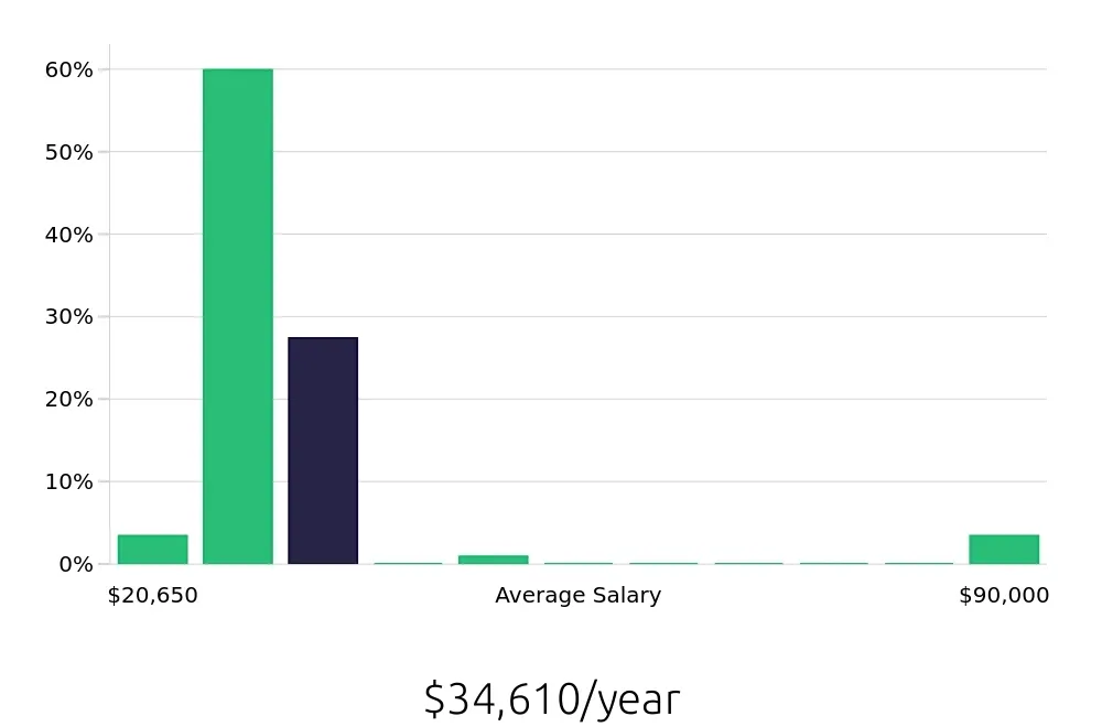 Graph depicting the yearly salary distribution for Team Member jobs in Union, NJ, showing an average salary of $34,610 with varying distribution percentages across salary ranges.