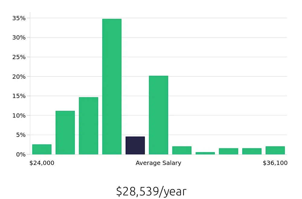 Graph depicting the yearly salary distribution for Team Member jobs in Waterford, MI, showing an average salary of $28,539 with varying distribution percentages across salary ranges.