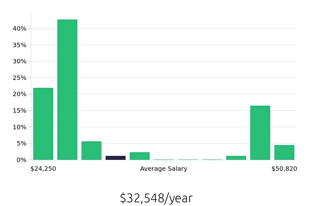 Graph depicting the yearly salary distribution for Team Member jobs in Watertown, WI, showing an average salary of $32,548 with varying distribution percentages across salary ranges.
