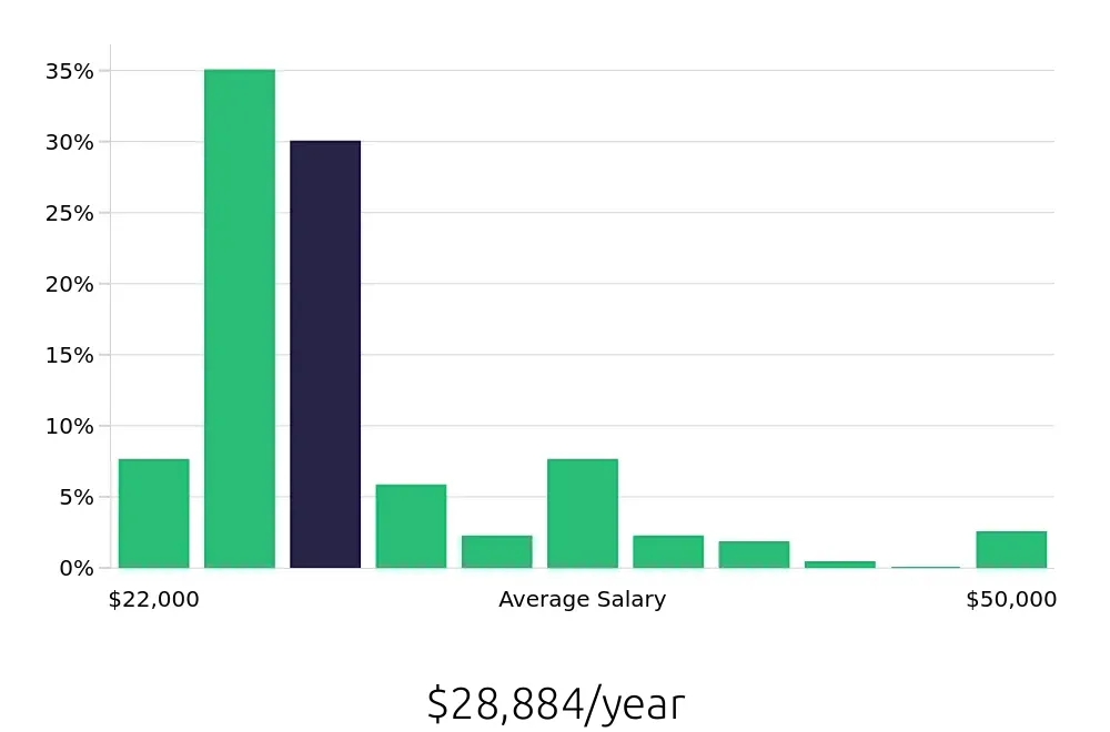 Graph depicting the yearly salary distribution for Team Member jobs in Waukesha, WI, showing an average salary of $28,884 with varying distribution percentages across salary ranges.