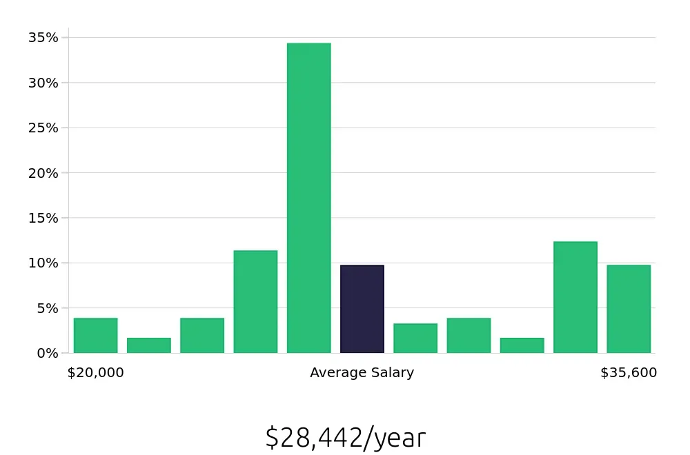 Graph depicting the yearly salary distribution for Team Member jobs in Wellington, FL, showing an average salary of $28,442 with varying distribution percentages across salary ranges.