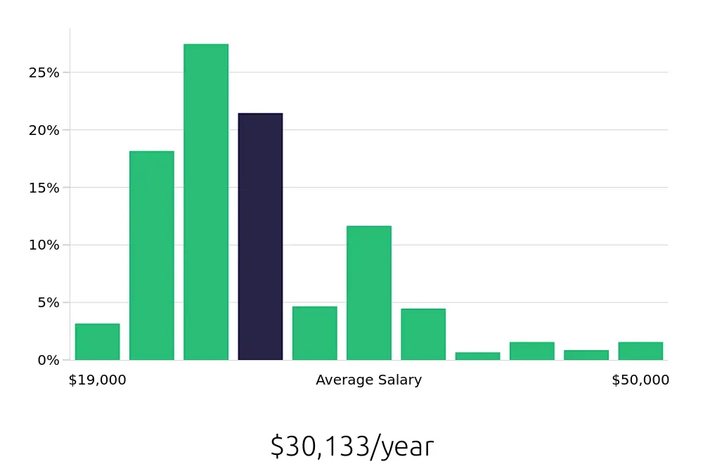 Graph depicting the yearly salary distribution for Team Member jobs in West Palm Beach, FL, showing an average salary of $30,133 with varying distribution percentages across salary ranges.