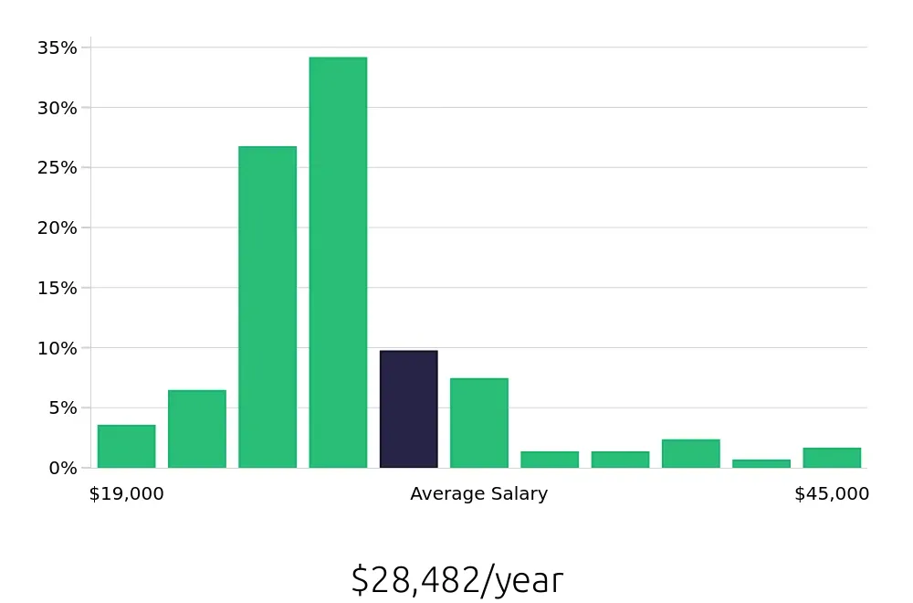 Graph depicting the yearly salary distribution for Team Member jobs in Westerville, OH, showing an average salary of $28,482 with varying distribution percentages across salary ranges.