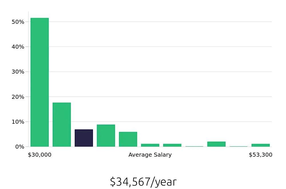 Graph depicting the yearly salary distribution for Team Member jobs in White Plains, NY, showing an average salary of $34,567 with varying distribution percentages across salary ranges.