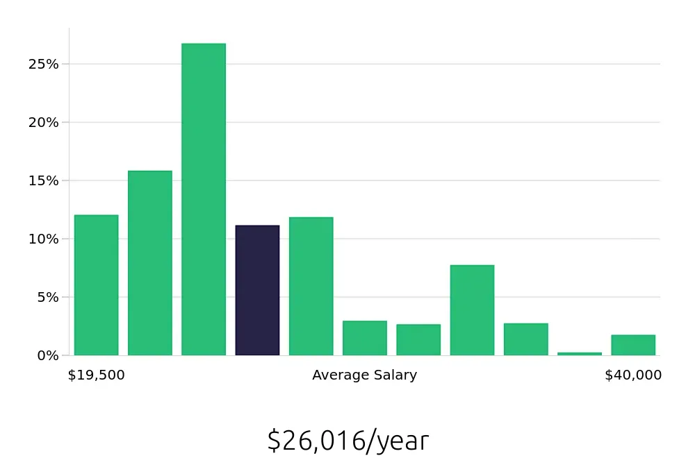 Graph depicting the yearly salary distribution for Team Member jobs in Wichita, KS, showing an average salary of $26,016 with varying distribution percentages across salary ranges.