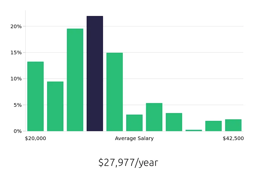 Graph depicting the yearly salary distribution for Team Member jobs in Wilmington, NC, showing an average salary of $27,977 with varying distribution percentages across salary ranges.