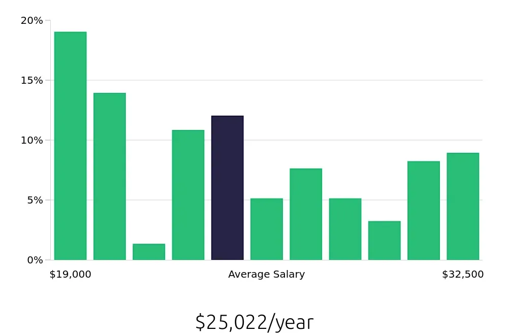 Graph depicting the yearly salary distribution for Team Member jobs in Wilson, NC, showing an average salary of $25,022 with varying distribution percentages across salary ranges.