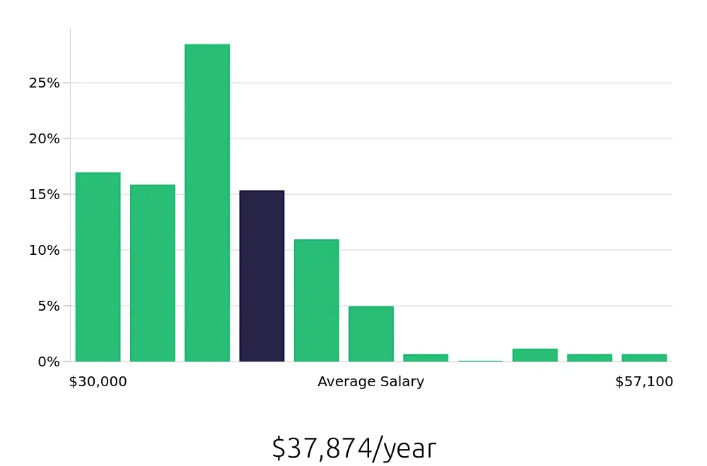 Graph depicting the yearly salary distribution for Technical Specialist jobs in Boise, ID, showing an average salary of $37,874 with varying distribution percentages across salary ranges.