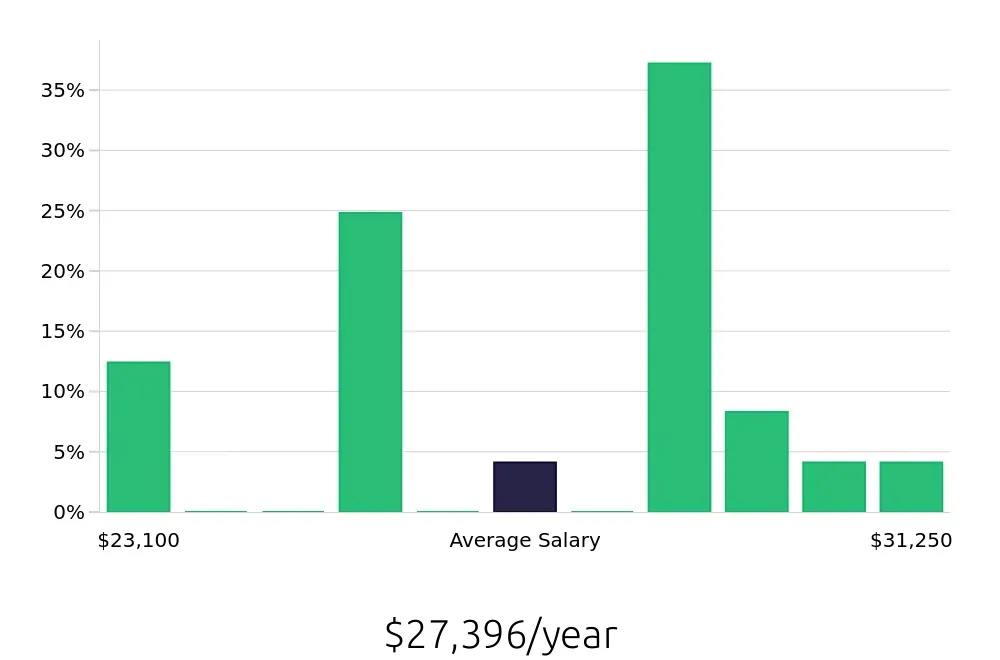 Graph depicting the yearly salary distribution for To Go Specialist jobs in Addison, TX, showing an average salary of $27,396 with varying distribution percentages across salary ranges.