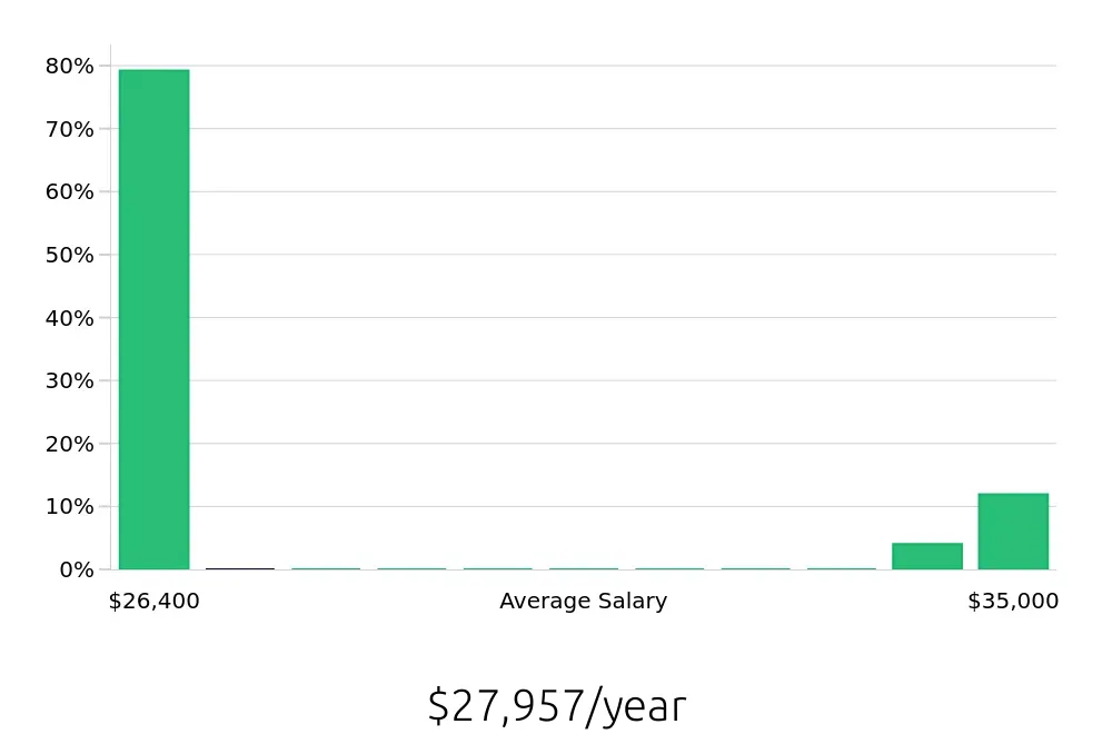 Graph depicting the yearly salary distribution for To Go Specialist jobs in Auburn, NY, showing an average salary of $27,957 with varying distribution percentages across salary ranges.