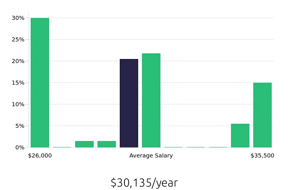 Graph depicting the yearly salary distribution for To Go Specialist jobs in Buffalo, NY, showing an average salary of $30,135 with varying distribution percentages across salary ranges.