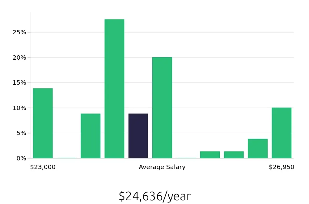 Graph depicting the yearly salary distribution for To Go Specialist jobs in Burleson, TX, showing an average salary of $24,636 with varying distribution percentages across salary ranges.