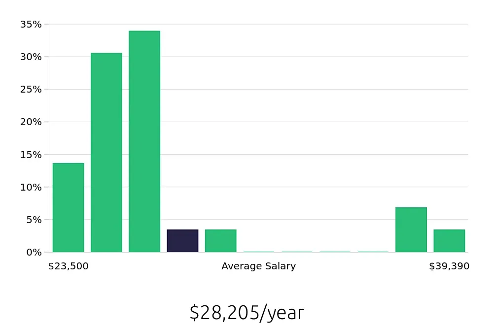 Graph depicting the yearly salary distribution for To Go Specialist jobs in Fairview Heights, IL, showing an average salary of $28,205 with varying distribution percentages across salary ranges.