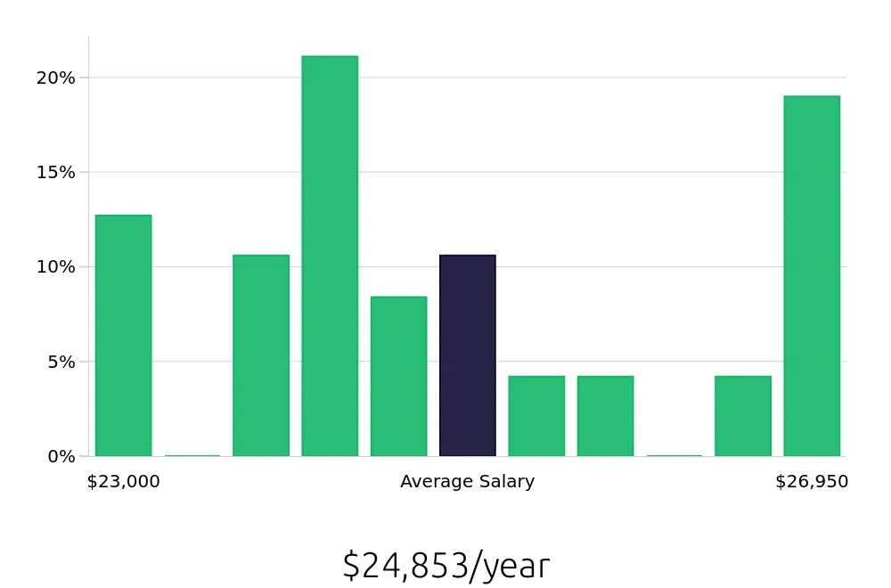 Graph depicting the yearly salary distribution for To Go Specialist jobs in Greenville, TX, showing an average salary of $24,853 with varying distribution percentages across salary ranges.