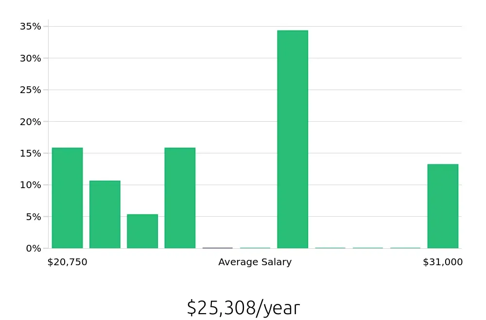 Graph depicting the yearly salary distribution for To Go Specialist jobs in Hinesville, GA, showing an average salary of $25,308 with varying distribution percentages across salary ranges.