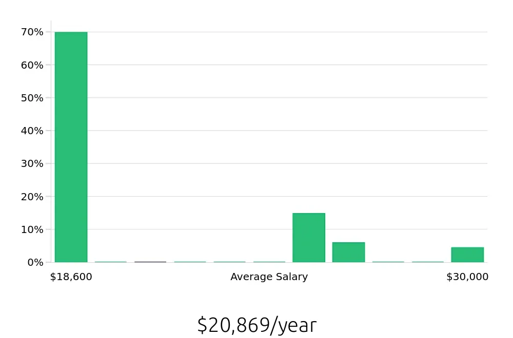 Graph depicting the yearly salary distribution for To Go Specialist jobs in Holland, OH, showing an average salary of $20,869 with varying distribution percentages across salary ranges.