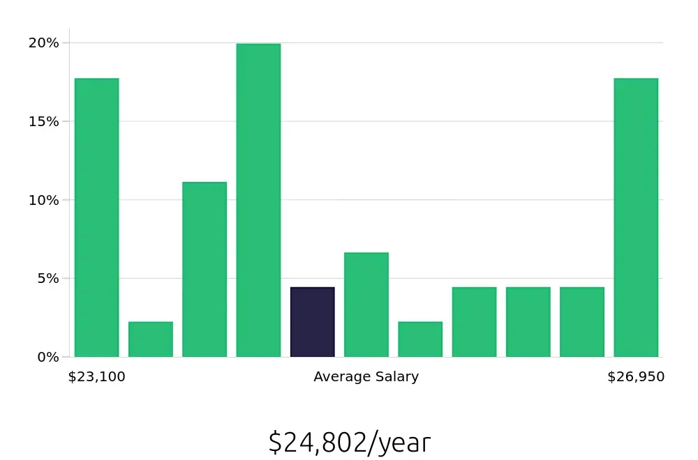 Graph depicting the yearly salary distribution for To Go Specialist jobs in League City, TX, showing an average salary of $24,802 with varying distribution percentages across salary ranges.