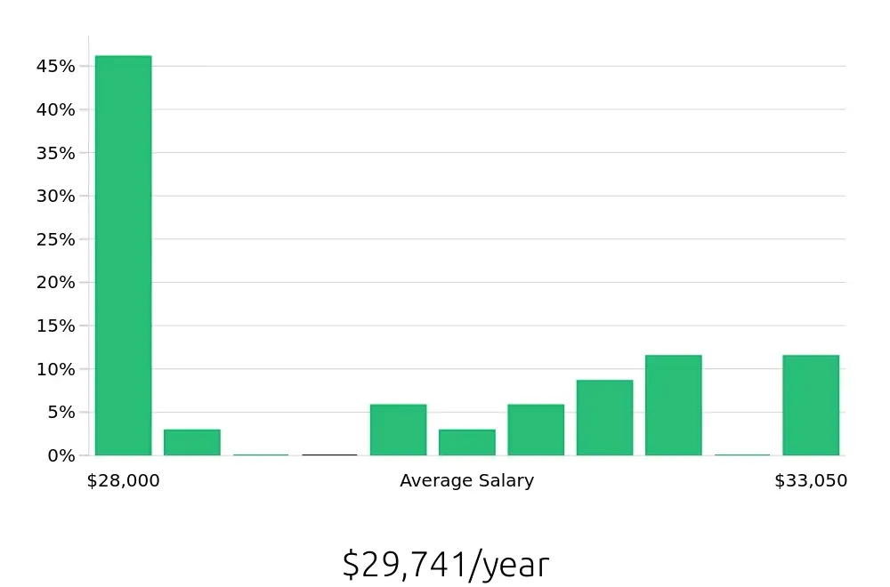 Graph depicting the yearly salary distribution for To Go Specialist jobs in Manchester, NH, showing an average salary of $29,741 with varying distribution percentages across salary ranges.