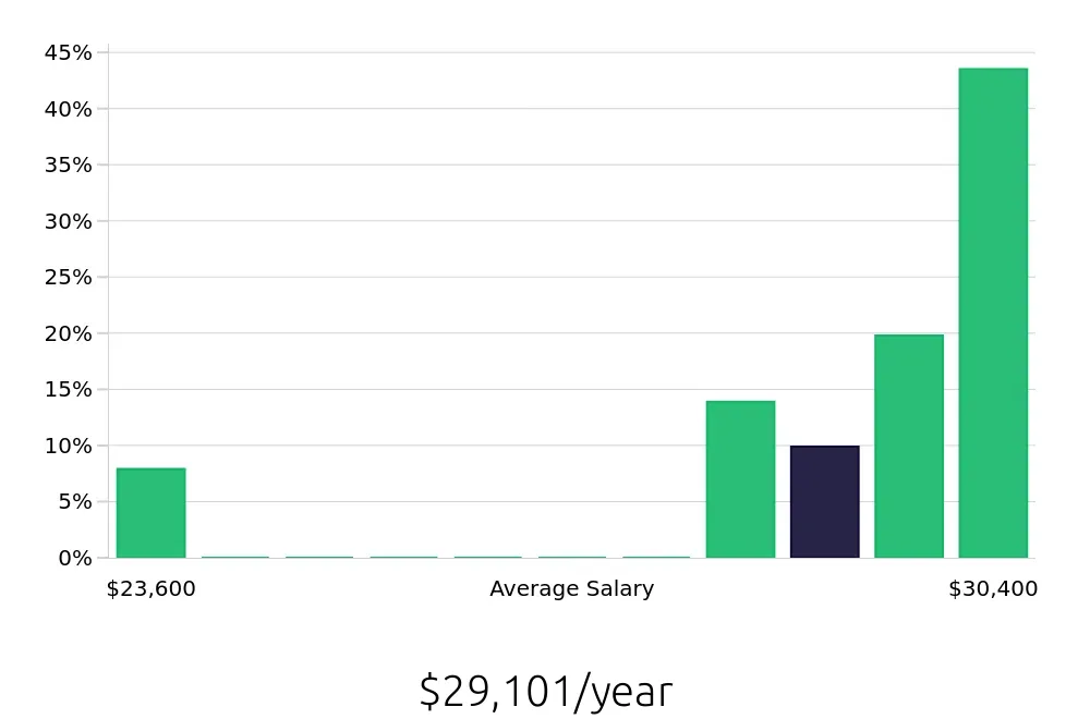 Graph depicting the yearly salary distribution for To Go Specialist jobs in Nashua, NH, showing an average salary of $29,101 with varying distribution percentages across salary ranges.