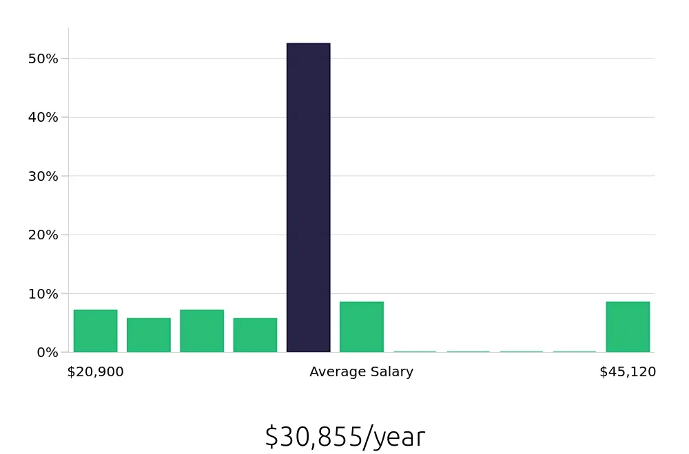 Graph depicting the yearly salary distribution for To Go Specialist jobs in North Olmsted, OH, showing an average salary of $30,855 with varying distribution percentages across salary ranges.