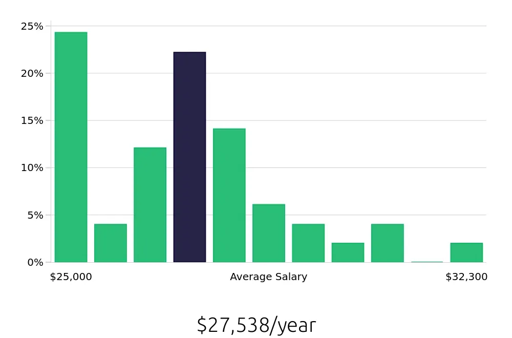 Graph depicting the yearly salary distribution for To Go Specialist jobs in Omaha, NE, showing an average salary of $27,538 with varying distribution percentages across salary ranges.